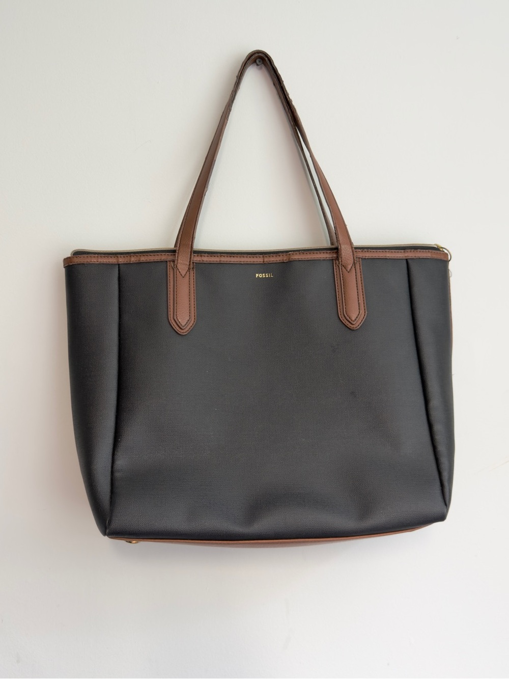 Fossil Black Brown Large Leather Trim Zipper Tote Bag